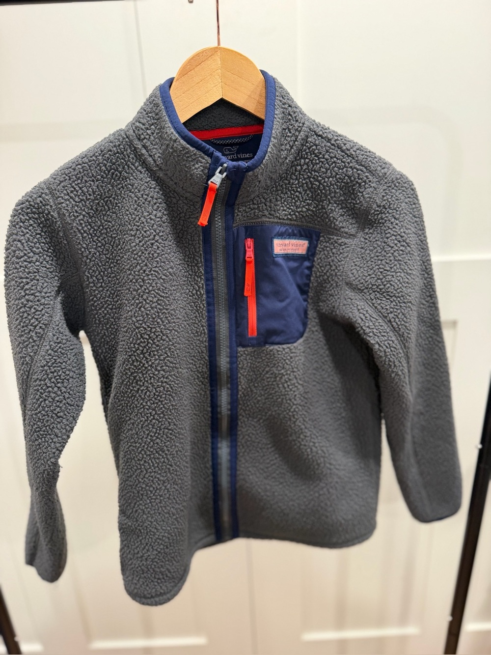 Boys Vineyard Vines Gray Fleece Jacket with Navy Pocket and Red Accents